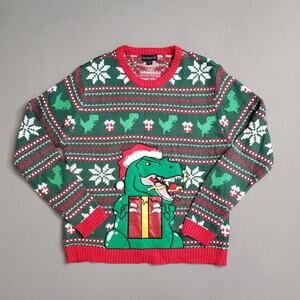 Blizzard Bay Men's Large T-Rex Ugly Christmas Sweater Red Trim‎ Snowflakes